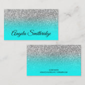 Aqua Ombre Silver Glitter Foto Visitekaartje (Voorkant / Achterkant)