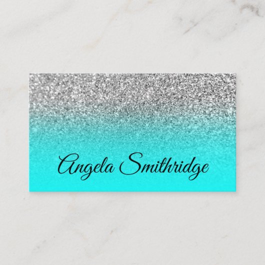 Aqua Ombre Silver Glitter Foto Visitekaartje (Voorkant)