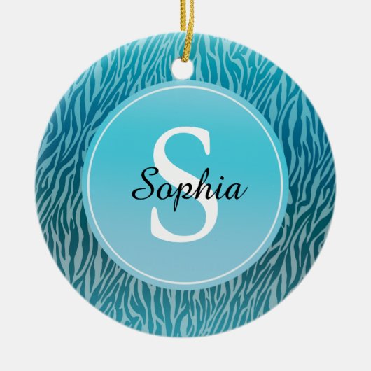 Aqua Ombre Zebra Print Monogram Keramisch Ornament (Voorkant)