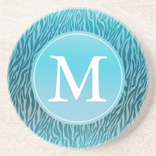 Aqua Ombre Zebra Print Monogram Zandsteen Onderzetter (Voorkant)