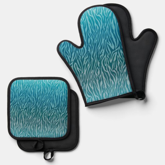 Aqua Ombre Zebra Print Ovenwant & Pannenlap Set (Voorkant / Achterkant)