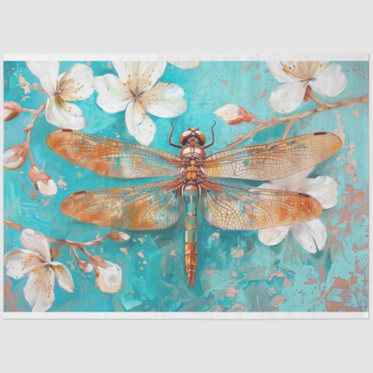 Aqua Oranje Dragonfly Bloemen Decoupage Tissuepapier (Voorkant)