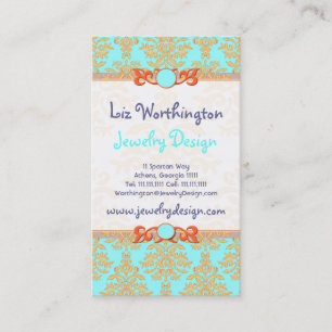 Aqua, Oranje en Gold Damask Elegant Chic Visitekaartje