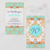 Aqua, Oranje en Gold Damask Elegant Chic Visitekaartje (Voorkant / Achterkant)