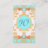 Aqua, Oranje en Gold Damask Elegant Chic Visitekaartje (Achterkant)