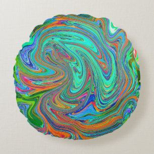 Aqua, Oranje en Groene Groovy Abstracte Retro Kuns Rond Kussen