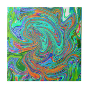 Aqua, Oranje en Groene Groovy Abstracte Retro Kuns Tegeltje