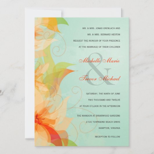 Aqua Oranje Floral Formal Wedding Invitations Kaart (Voorkant)
