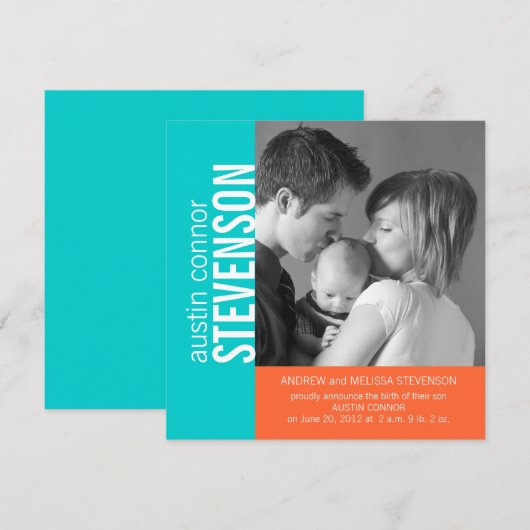 Aqua Oranje Modern Baby Boy Aankondiging (Voorkant / Achterkant)