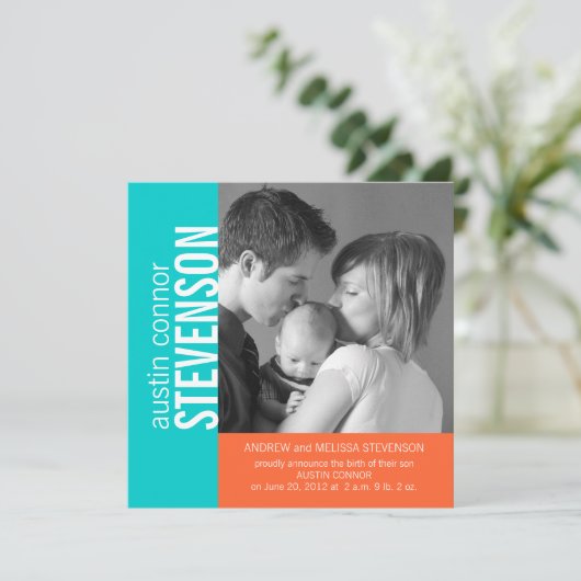 Aqua Oranje Modern Baby Boy Aankondiging (Staand voorkant)