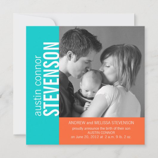 Aqua Oranje Modern Baby Boy Aankondiging (Voorkant)