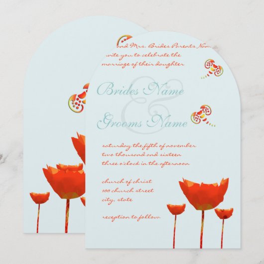 Aqua Oranje papaver Butterflies Wedding Kaart (Voorkant / Achterkant)