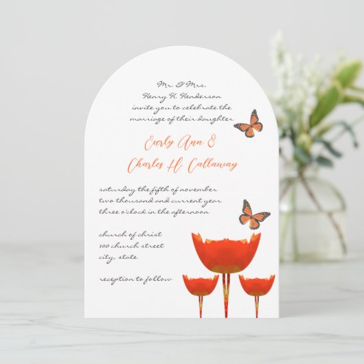 Aqua Oranje papaver Butterflies Wedding Kaart (Staand voorkant)
