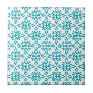 Aqua over Witte Damast Stijl Patroon Tegeltje