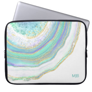 Aqua Paars Agate Marble Pattern en Monogram Laptop Sleeve