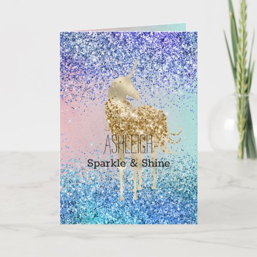 Aqua Paars Glitter Sparkle Gold Unicorn Kaart (Voorkant)
