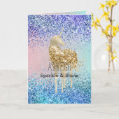 Aqua Paars Glitter Sparkle Gold Unicorn Kaart (Gele Bloem)