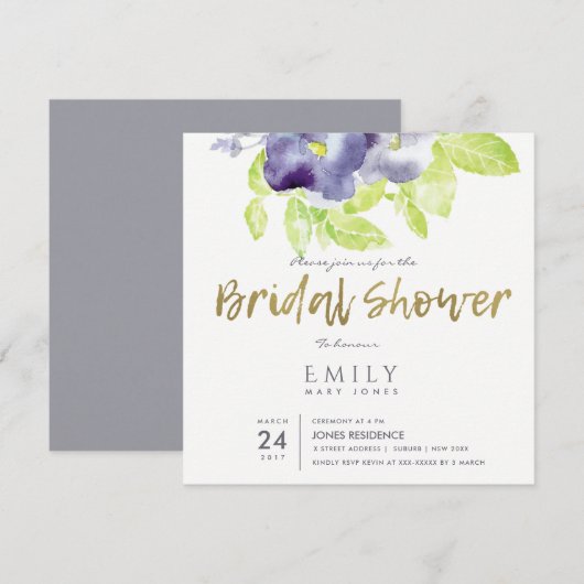 AQUA PAARS INK WATERVERF FLORAL VRIJGEZELLENFEEST KAART (Voorkant / Achterkant)