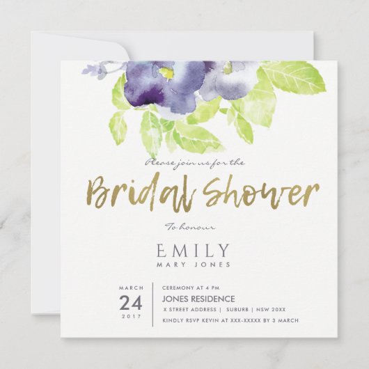 AQUA PAARS INK WATERVERF FLORAL VRIJGEZELLENFEEST KAART (Voorkant)
