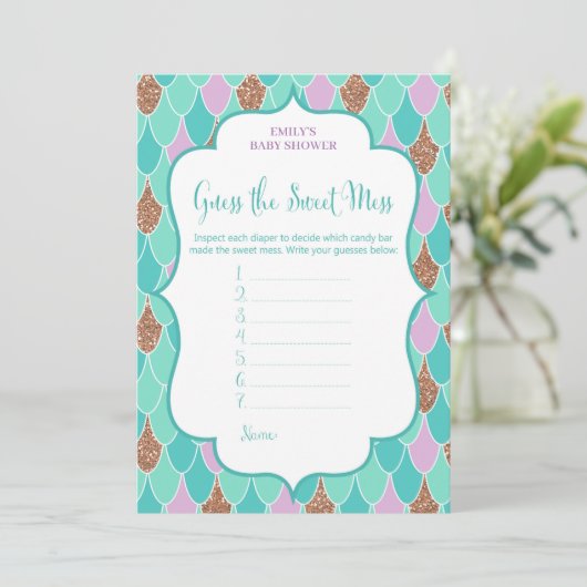 Aqua Paars Mermaid Baby shower Game Invitation Kaart (Staand voorkant)