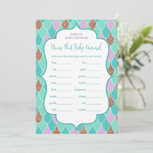 Aqua Paars Mermaid Baby shower Game Invitation Kaart (Staand voorkant)