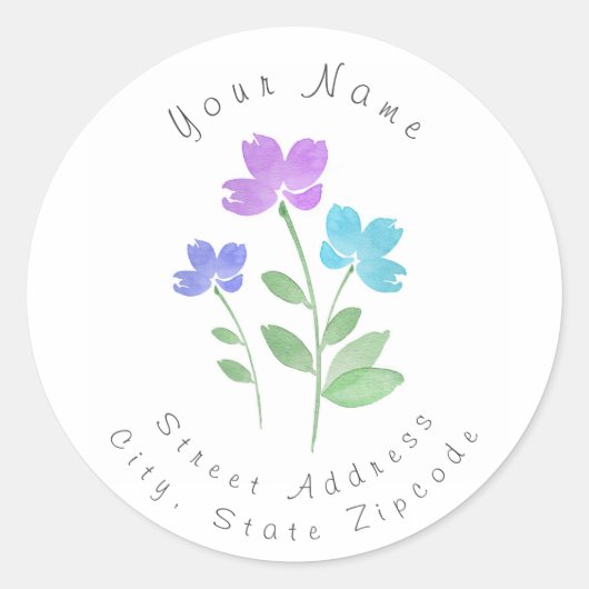 Aqua, Paars, Periwinkle Waterverf Bloemstenen Ronde Sticker (Voorkant)