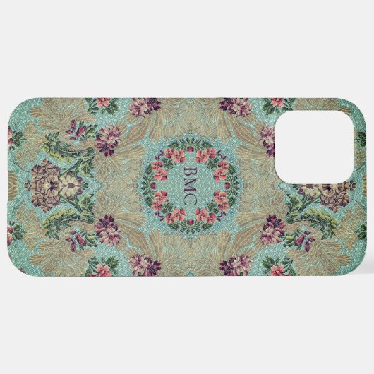 Aqua Paars Pink Floral Faux Lampas Brocade iPhone Hoesje (Achterkant horizontaal)