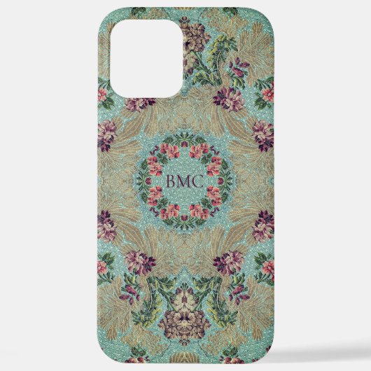 Aqua Paars Pink Floral Faux Lampas Brocade iPhone Hoesje (Achterkant)