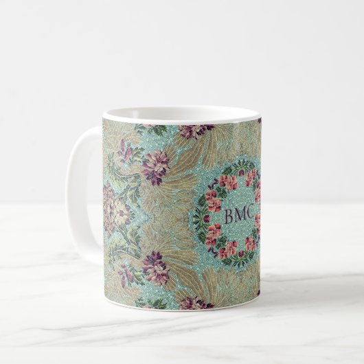 Aqua Paars Pink Floral Faux Lampas Brocade Koffiemok (Voorkant links)
