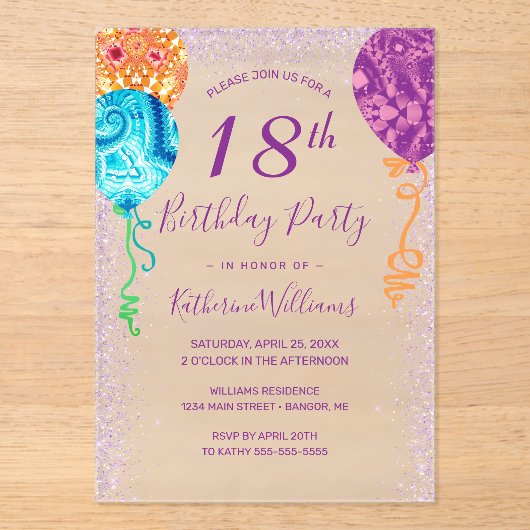 Aqua Paarse ballonnen 18e verjaardagsfeest Acryl Uitnodigingen (Voorkant)