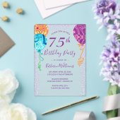 Aqua Paarse ballonnen 75ste verjaardag Acryl Uitnodigingen (Insitu (Huwelijk))