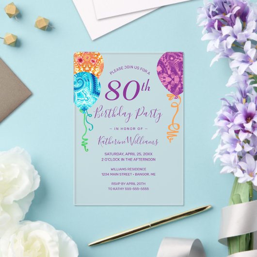 Aqua Paarse ballonnen 80ste verjaardagsfeest Acryl Uitnodigingen (Insitu (Huwelijk))