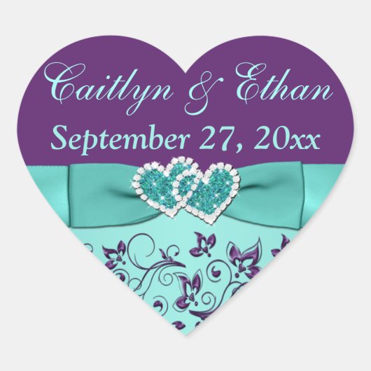 Aqua, Paarse Bloemen, Harten Bruiloft Favor Sticke Hart Sticker (Voorkant)