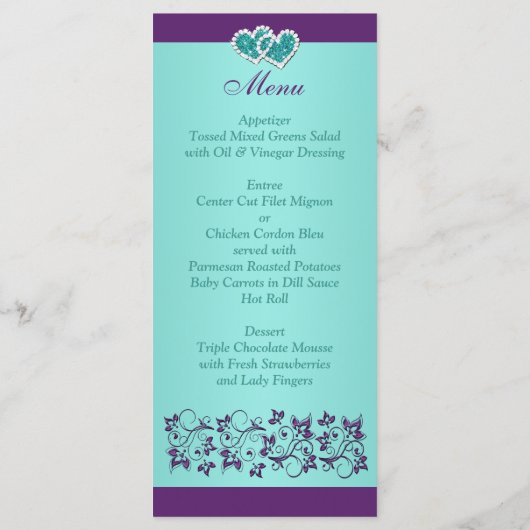 Aqua, Paarse bloemen, harten Menu Kaart (Achterkant)