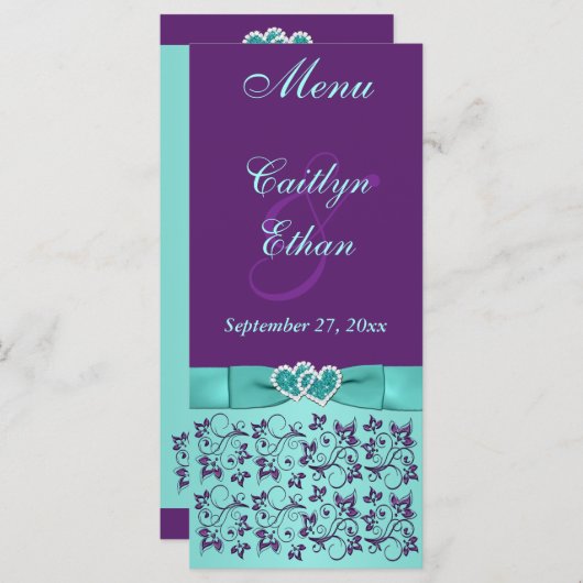 Aqua, Paarse bloemen, harten Menu Kaart (Voorkant / Achterkant)