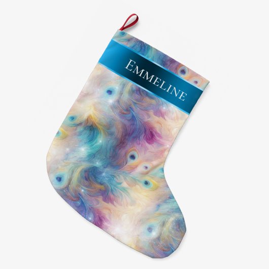 Aqua Paarse Bloemen Pauw Veren Kerst Grote Kerstsok (Voorkant (Hangend))