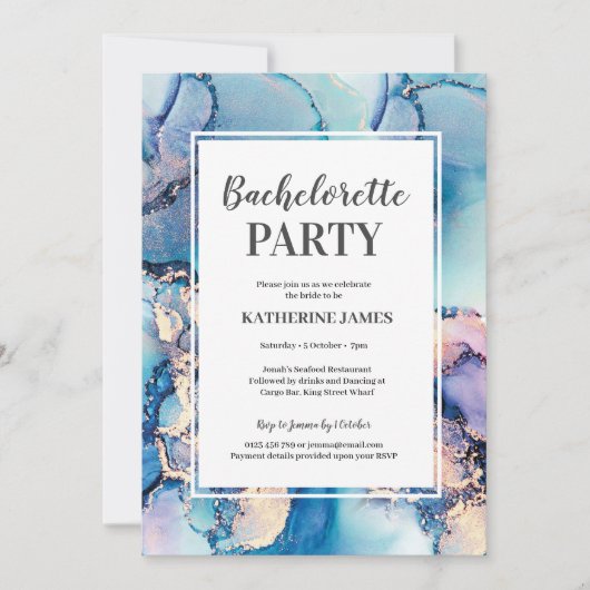 Aqua Paarse Gouden Bachelorette Uitnodiging (Voorkant)