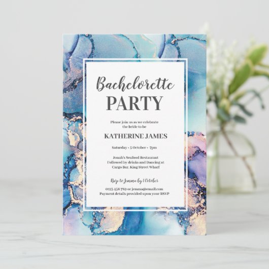 Aqua Paarse Gouden Bachelorette Uitnodiging (Staand voorkant)