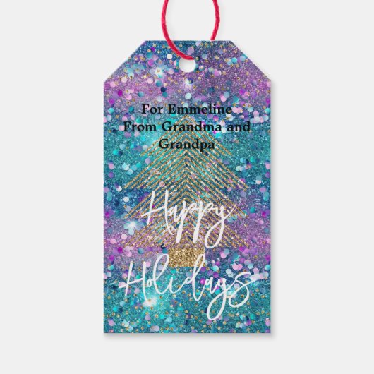 Aqua Paarse gouden glitterboom Cadeaulabel (Voorkant)