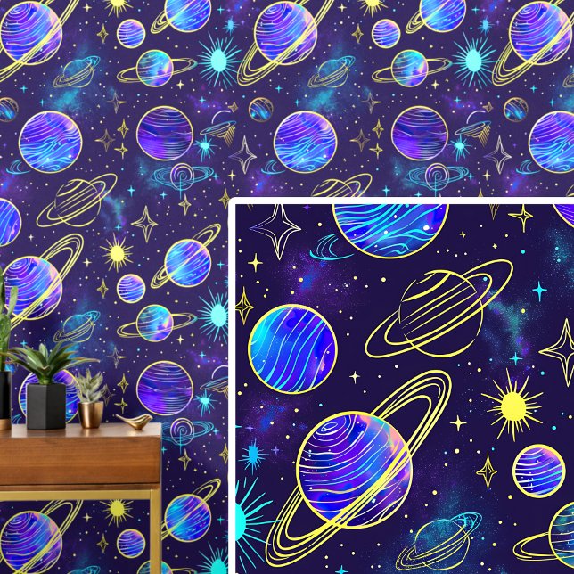 Aqua Paarse gouden planeet in donkerblauwe lucht Behang (Creator heeft geüpload)