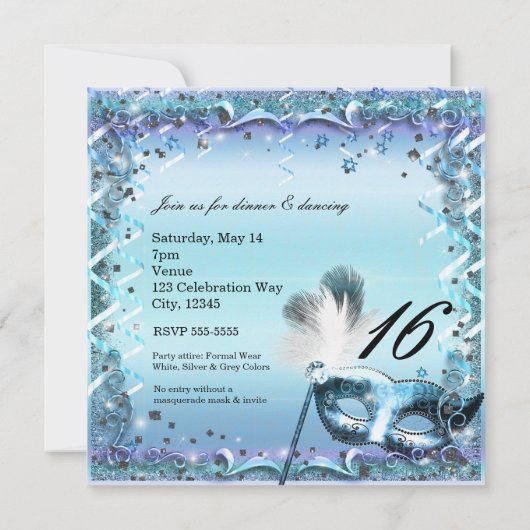 Aqua & Paarse Masquerade Mask Verjaardagsfeest Kaart (Achterkant)