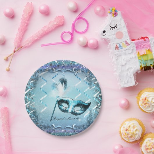 Aqua & Paarse Masquerade Masker Elegant Ball Party Papieren Bordje (Feest)