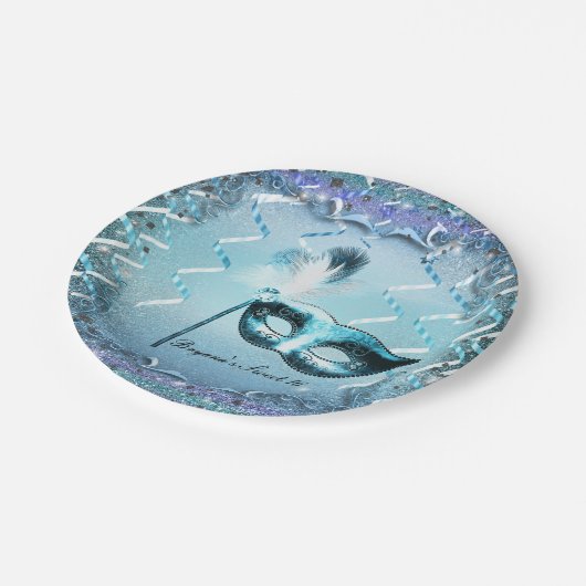 Aqua & Paarse Masquerade Masker Elegant Ball Party Papieren Bordje (Gekanteld)