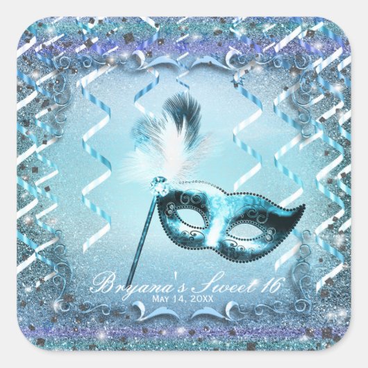 Aqua & Paarse Masquerade Masker Elegant Ball Party Vierkante Sticker (Voorkant)