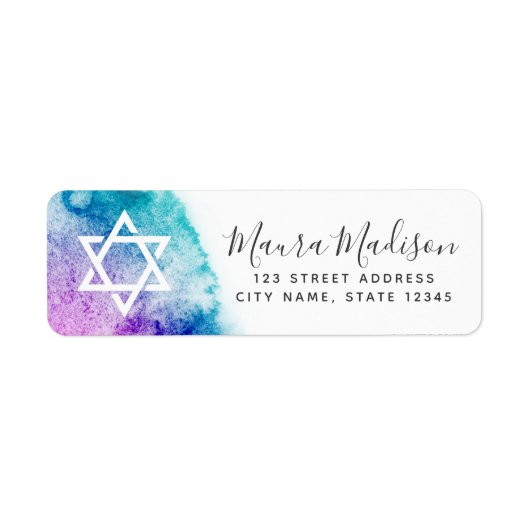 Aqua paarse waterverf bat mitzvah retouradres etiket (Voorkant)