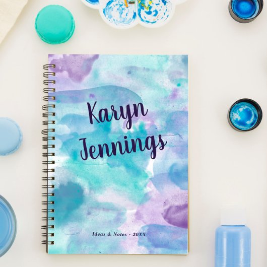 Aqua Paarse Waterverf Naam toevoegen Notitieboek