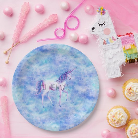 Aqua Paarse witte eenhoorns Verjaardag Papieren Bordje (Feest)