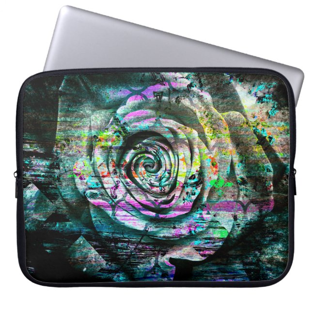  Aqua Painted Roos Floral Grunge Laptop Sleeve (Voorkant)