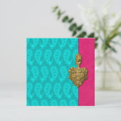 Aqua Paisley Peacock Indian Wedding Invitation Kaart (Staand voorkant)