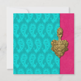 Aqua Paisley Peacock Indian Wedding Invitation Kaart